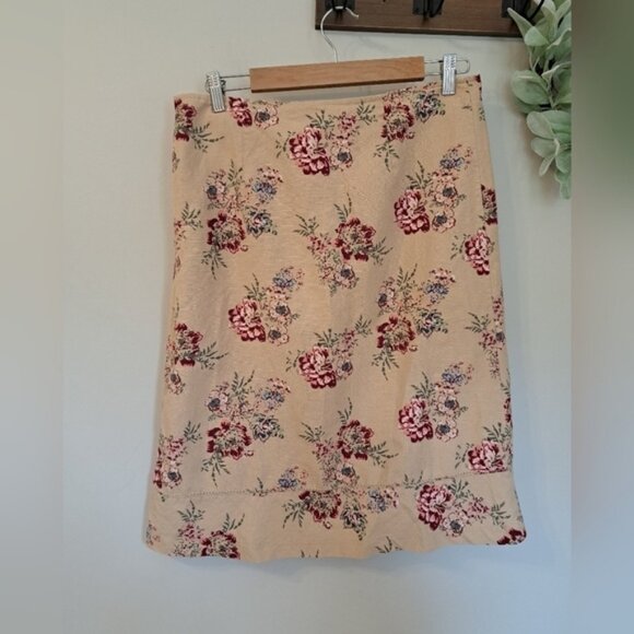 Eddie Baurer Linen Cotton Blend Floral Tan Midi Knee-length Skirt Size 6 - Picture 1 of 3